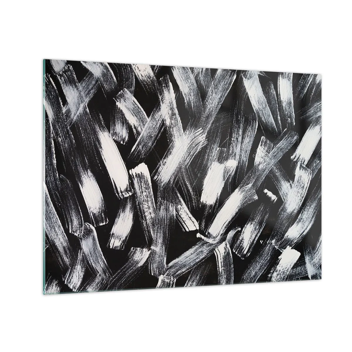 Glasbild - Bild auf glas - Schwarz-weiße Abstraktion von Pinselstrichen auf dunklem Hintergrund - 70x50cm - Abstraktion im industriellen Geist - Moderne Wanddekoration für Wohnzimmer und Schlafzimmer ARTTOR