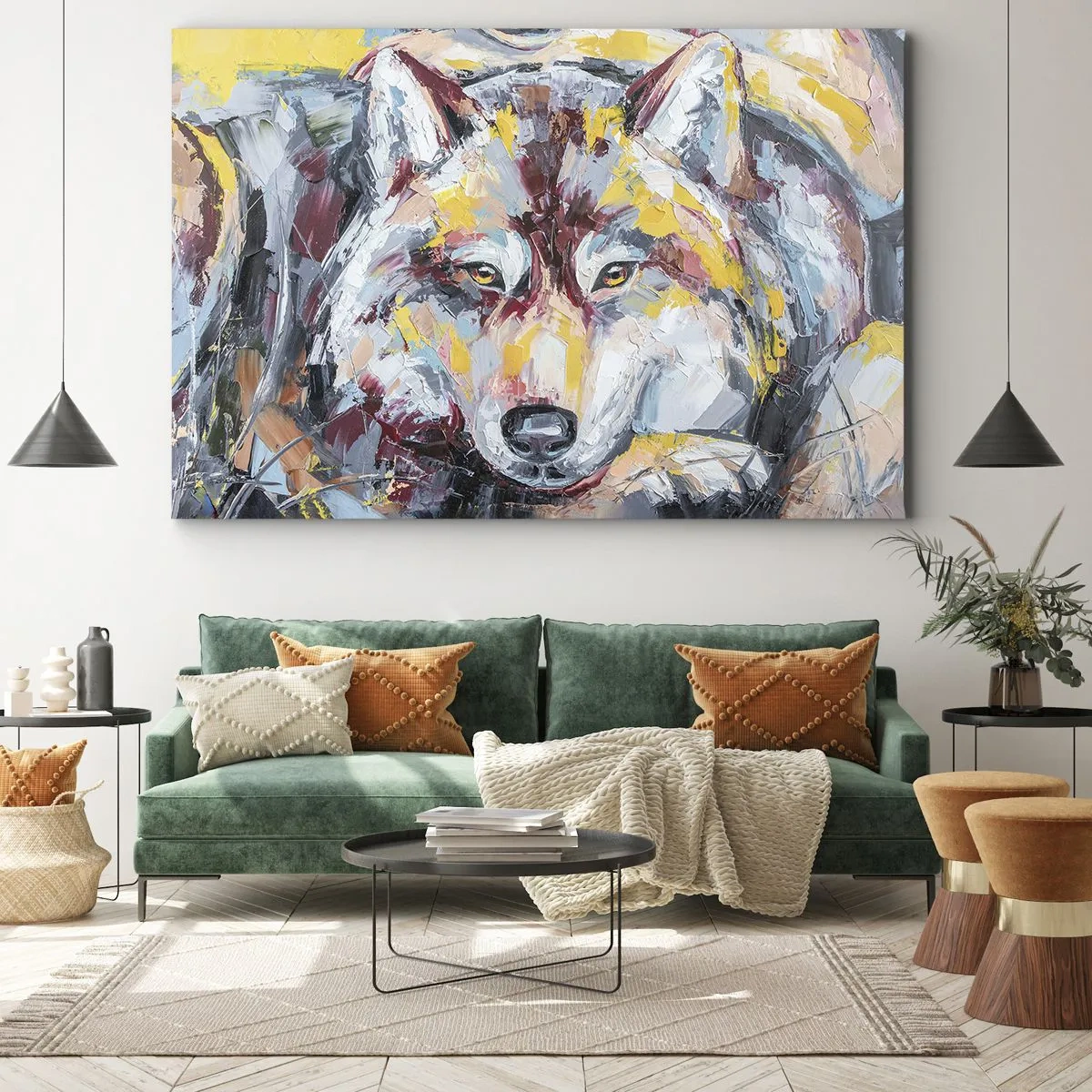 Bild auf Leinwand - Leinwandbild - Künstlerisches Wolfsportrait in intensiven Farben - 70x50cm - Seelenfrieden unter den Lieben - Moderne Wanddekoration für Wohnzimmer und Schlafzimmer ARTTOR