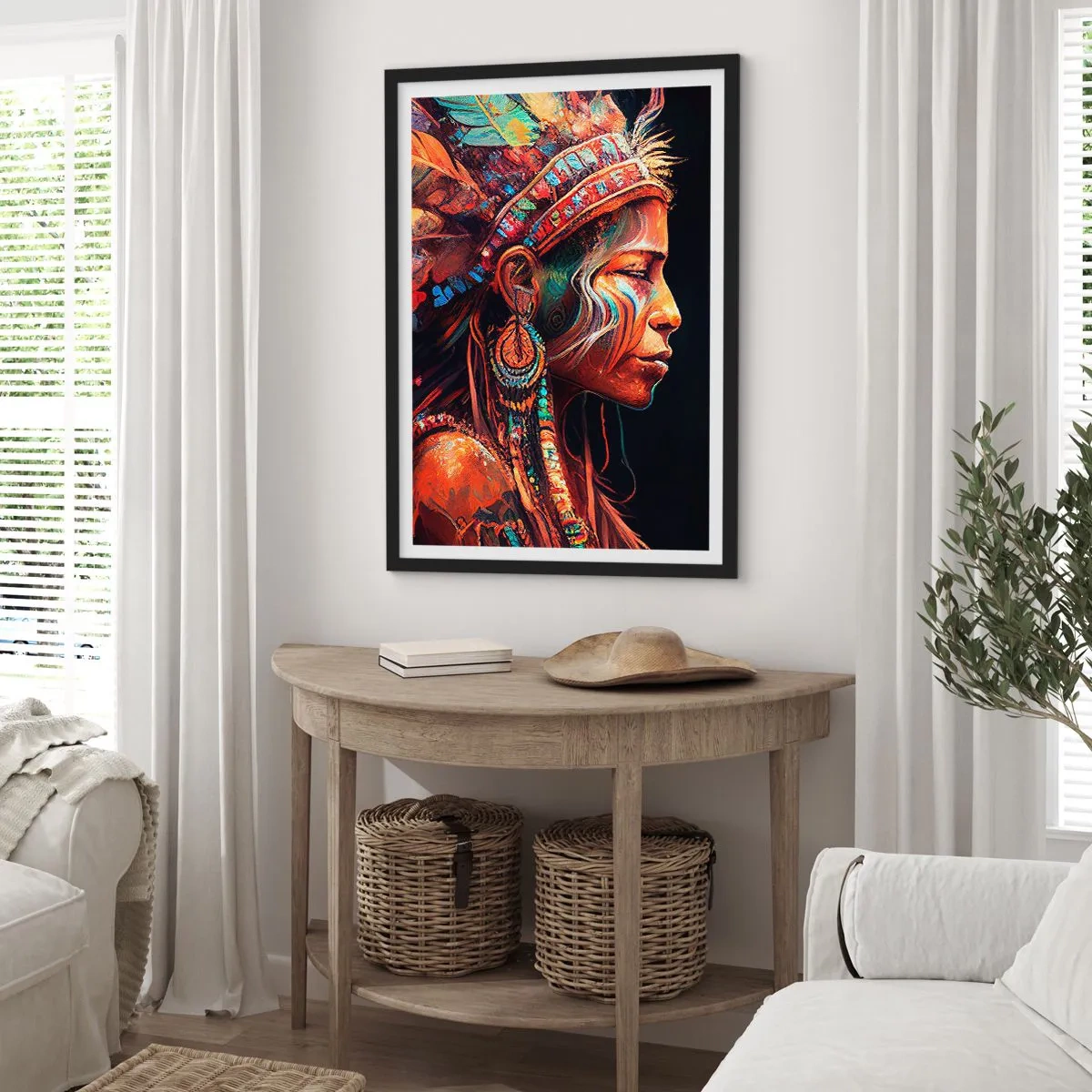 Poster in einem schwarzem Rahmen - Porträt einer Frau mit traditionellem Federkopfschmuck - 50x70cm - Magisches Ritual - Moderne Wanddekoration für Wohnzimmer und Schlafzimmer ARTTOR