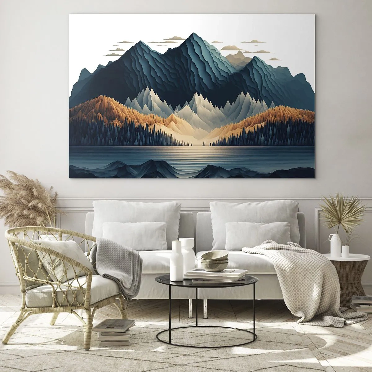 Glasbild - Bild auf glas - Stilisierte Berglandschaft mit Wald und See - 70x50cm - Perfekte Berglandschaft - Moderne Wanddekoration für Wohnzimmer und Schlafzimmer ARTTOR