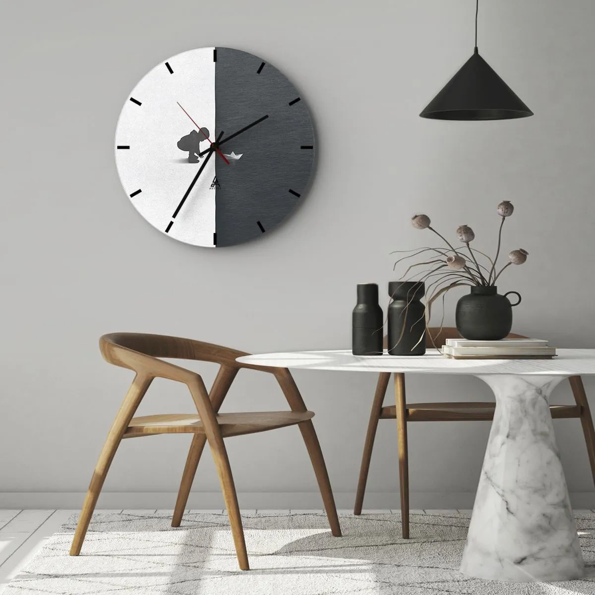 Wanduhr - Glasuhr - Silhouette eines Kindes mit einem Papierboot vor einem kontrastierenden Hintergrund - 30x30cm - Tolle Expedition - Moderne Wanddekoration für Wohnzimmer, Küche und Schlafzimmer ARTTOR