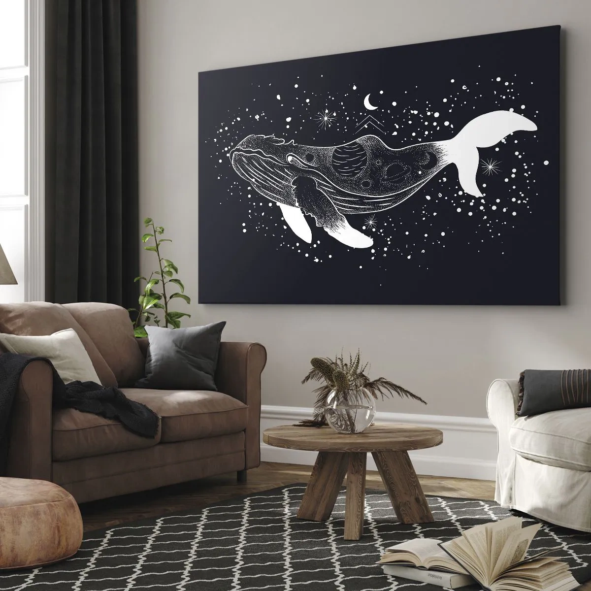 Bild auf Leinwand - Leinwandbild - Eine grafische Illustration eines Wals im Space-Age-Stil. - 70x50cm - Im Ozean des Universums - Moderne Wanddekoration für Wohnzimmer und Schlafzimmer ARTTOR