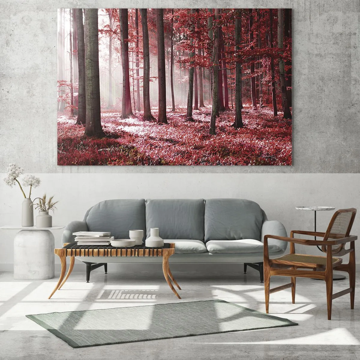 Glasbild - Bild auf glas - Herbstwald in roten Farben und Morgennebel - 70x50cm - Rot ist genauso schön - Moderne Wanddekoration für Wohnzimmer und Schlafzimmer ARTTOR