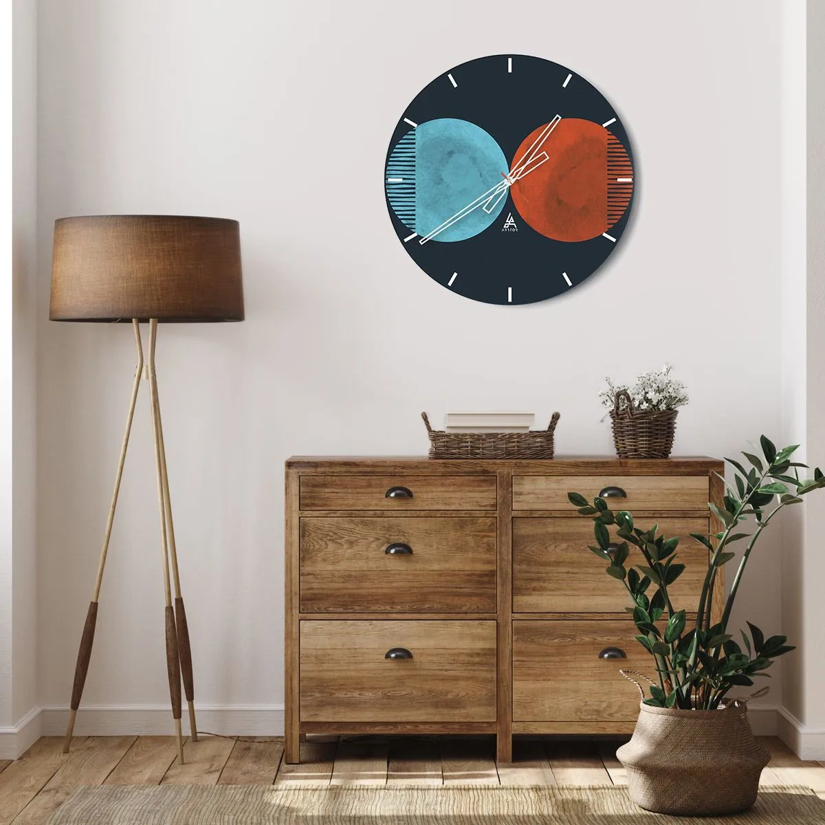 Wanduhr - Glasuhr - Eine Kombination aus blauen und roten Kreisen mit geometrischen Linien - 30x30cm - Nur Geometrie? - Moderne Wanddekoration für Wohnzimmer, Küche und Schlafzimmer ARTTOR