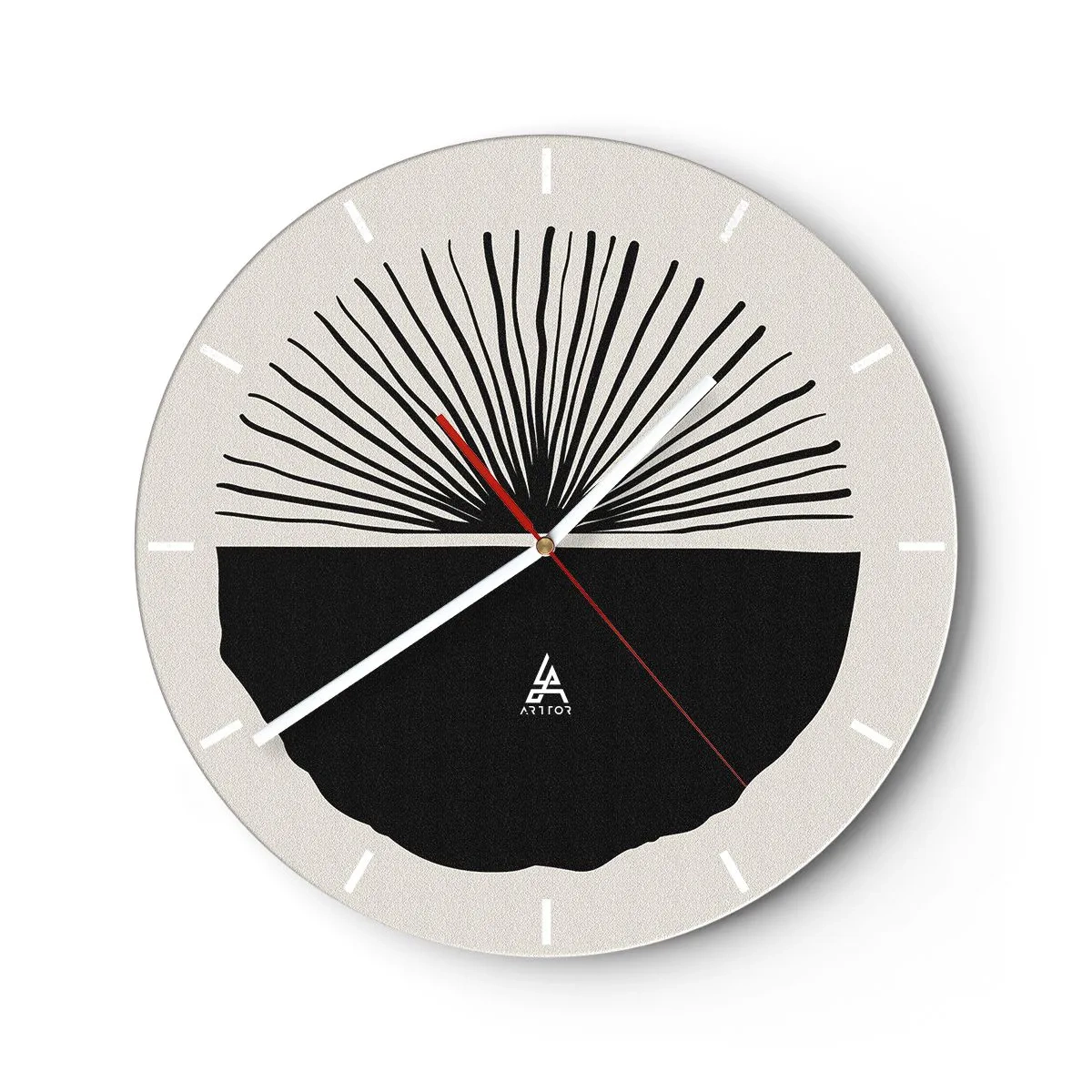 Wanduhr - Glasuhr - Ein schwarzes Fächermotiv auf hellem Hintergrund im minimalistischen Stil - 30x30cm - Eine Reihe von Möglichkeiten - Moderne Wanddekoration für Wohnzimmer, Küche und Schlafzimmer ARTTOR