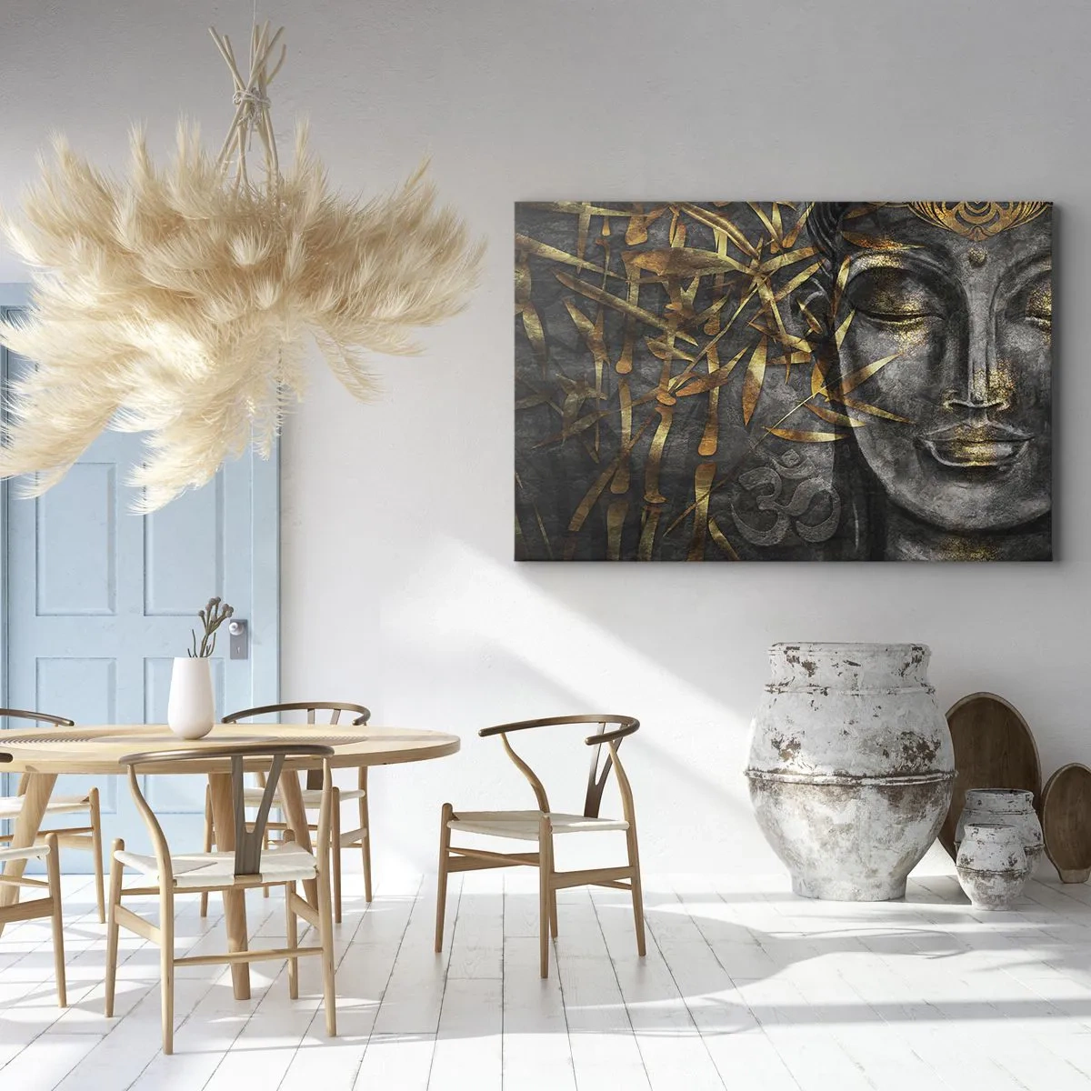 Bild auf Leinwand - Leinwandbild - Zen-Buddha-Bild mit goldenem Bambus - 70x50cm - Fühle den Frieden - Moderne Wanddekoration für Wohnzimmer und Schlafzimmer ARTTOR