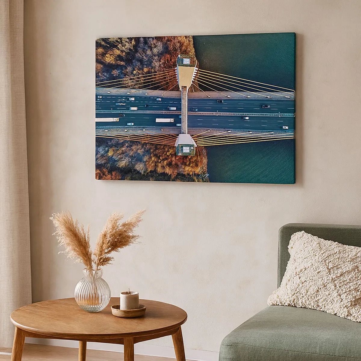 Bild auf Leinwand - Leinwandbild - Luftaufnahme der Brücke über den Fluss und der Herbstlandschaft - 70x50cm - Jenseits der Gewässer, jenseits der Wälder - Moderne Wanddekoration für Wohnzimmer und Schlafzimmer ARTTOR