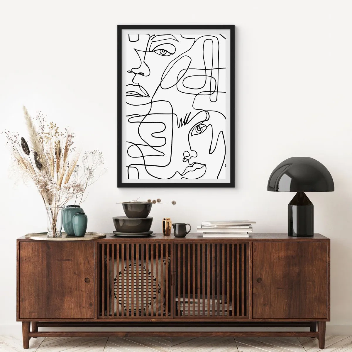 Poster in einem schwarzem Rahmen - Abstrakte Gesichter, gezeichnet mit einer Linie - 50x70cm - In verworrenen Gefühlen - Moderne Wanddekoration für Wohnzimmer und Schlafzimmer ARTTOR
