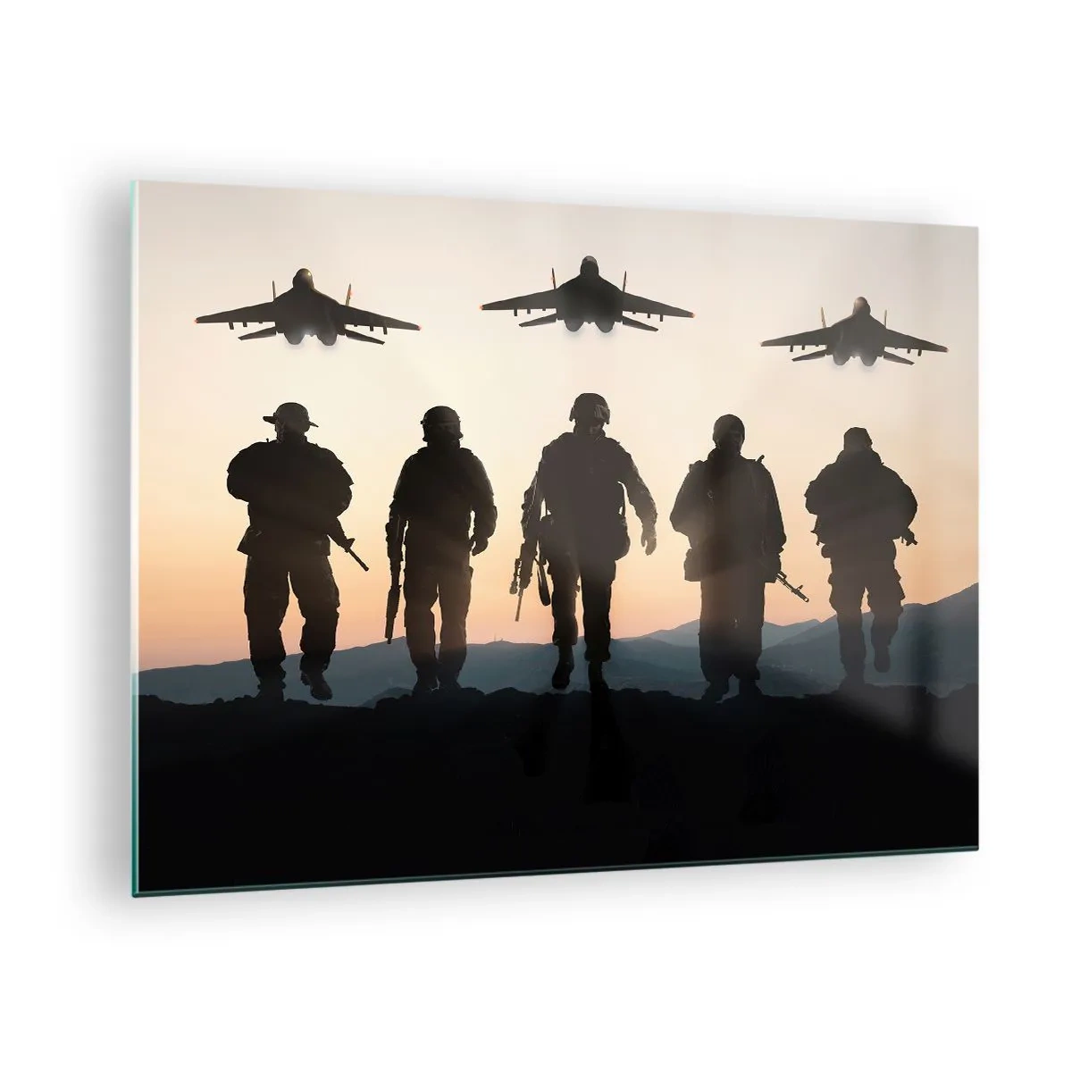 Glasbild - Bild auf glas - Soldaten vor der Kulisse der untergehenden Sonne und Jets - 70x50cm - Willkommen in unserer Welt - Moderne Wanddekoration für Wohnzimmer und Schlafzimmer ARTTOR