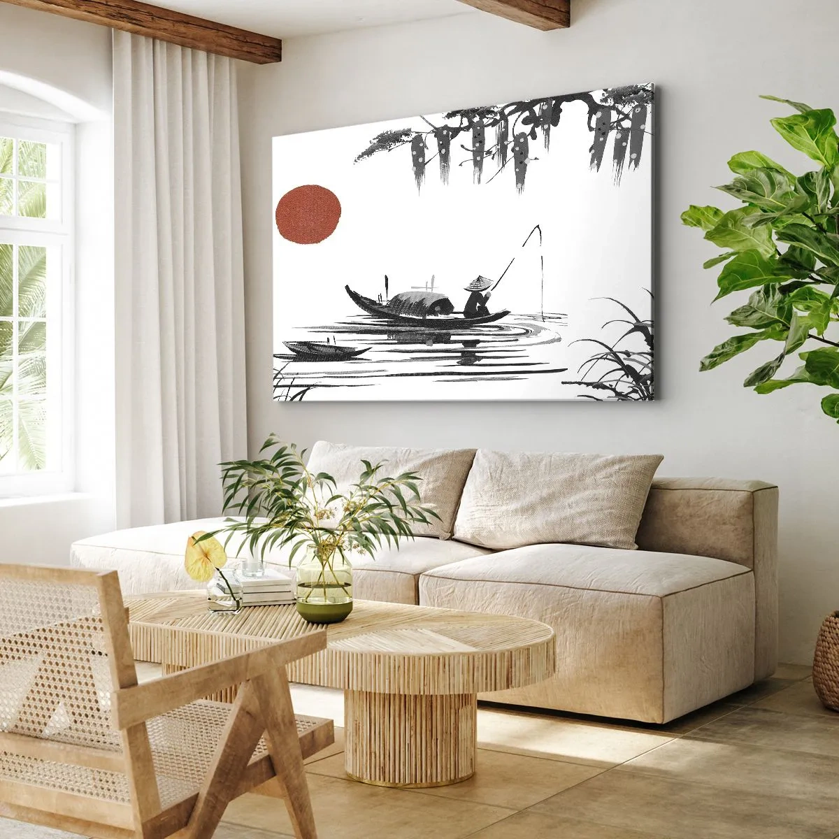 Bild auf Leinwand - Leinwandbild - Orientalische Landschaft mit einem Fischer auf einem Boot und einer roten Sonne - 70x50cm - Asiatischer Nachmittag - Moderne Wanddekoration für Wohnzimmer und Schlafzimmer ARTTOR