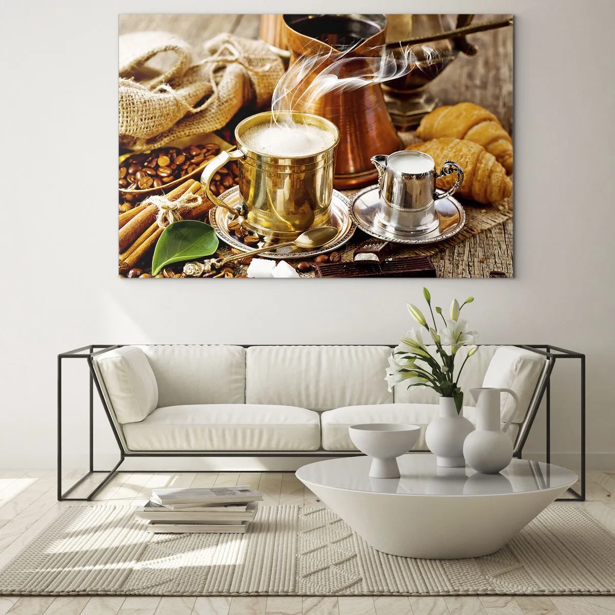 Glasbild - Bild auf glas - Eine goldene Tasse Kaffee mit Milch, umgeben von Körnern und Croissants - 70x50cm - Schönen Tag noch! - Moderne Wanddekoration für Wohnzimmer und Schlafzimmer ARTTOR