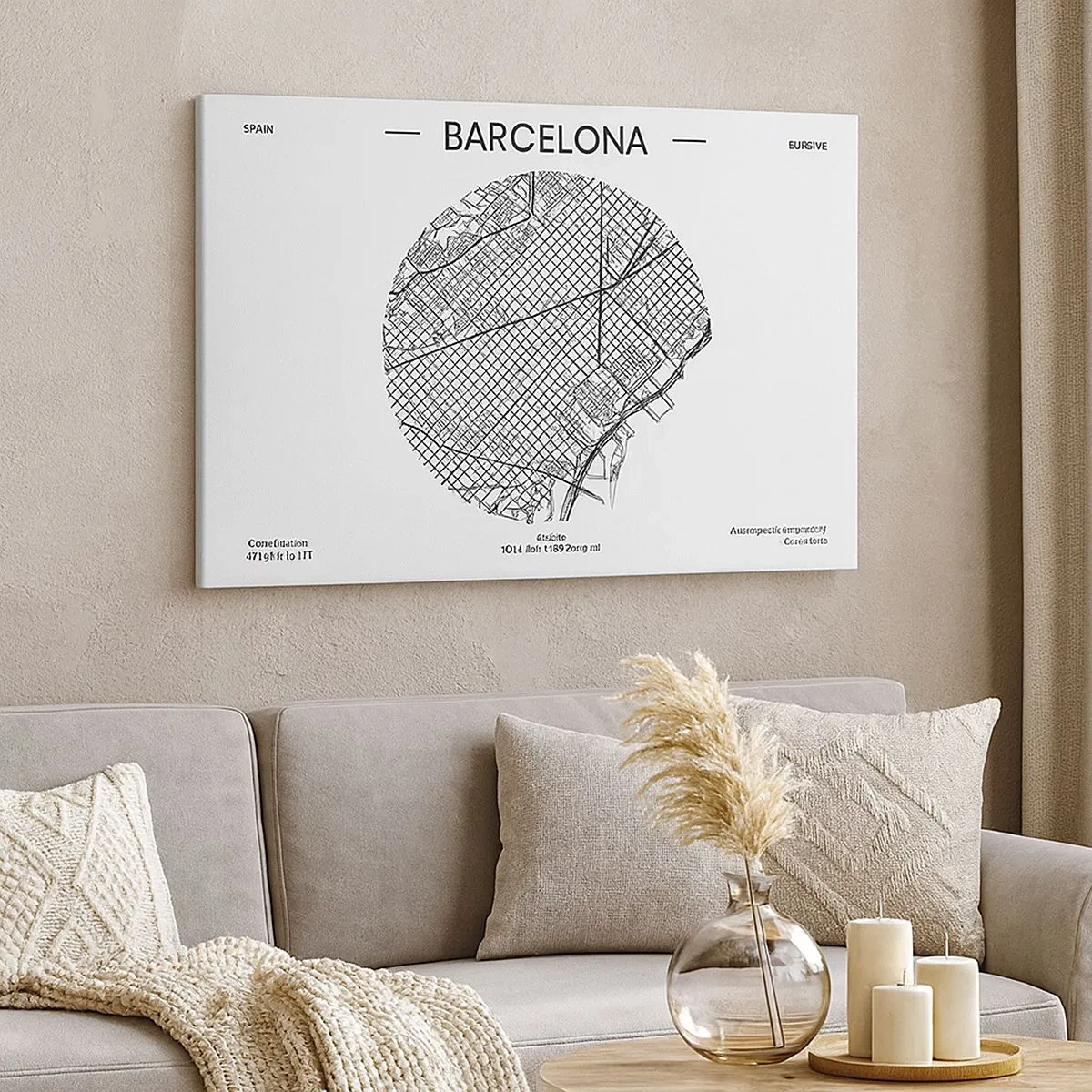 Bild auf Leinwand - Leinwandbild - Eine Karte von Barcelona im minimalistischen Schwarz-Weiß-Stil - 70x50cm - Anatomie von Barcelona - Moderne Wanddekoration für Wohnzimmer und Schlafzimmer ARTTOR
