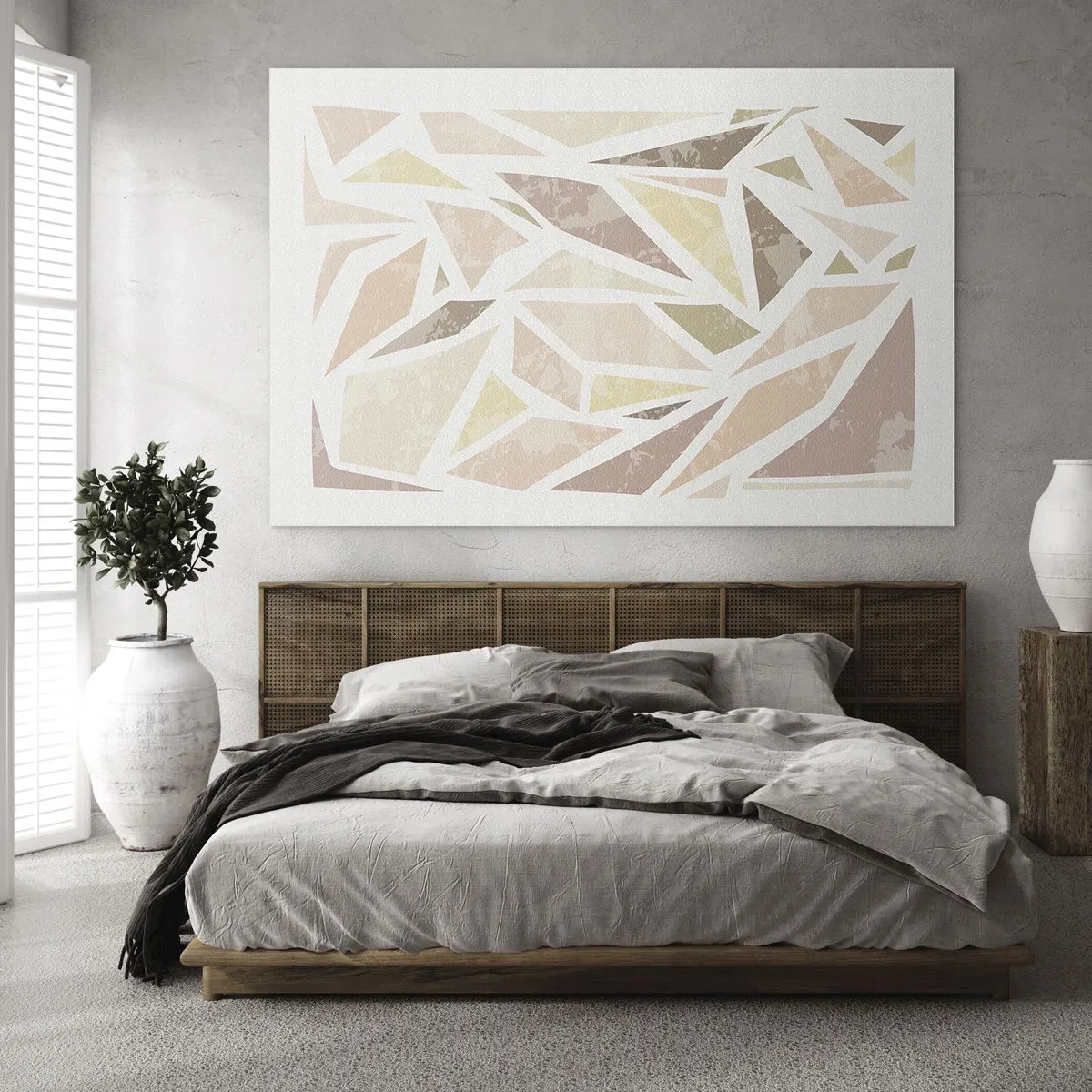 Glasbild - Bild auf glas - Geometrisches Mosaik in Pastellfarben auf hellem Hintergrund - 70x50cm - Buntglas-Komposition - Moderne Wanddekoration für Wohnzimmer und Schlafzimmer ARTTOR