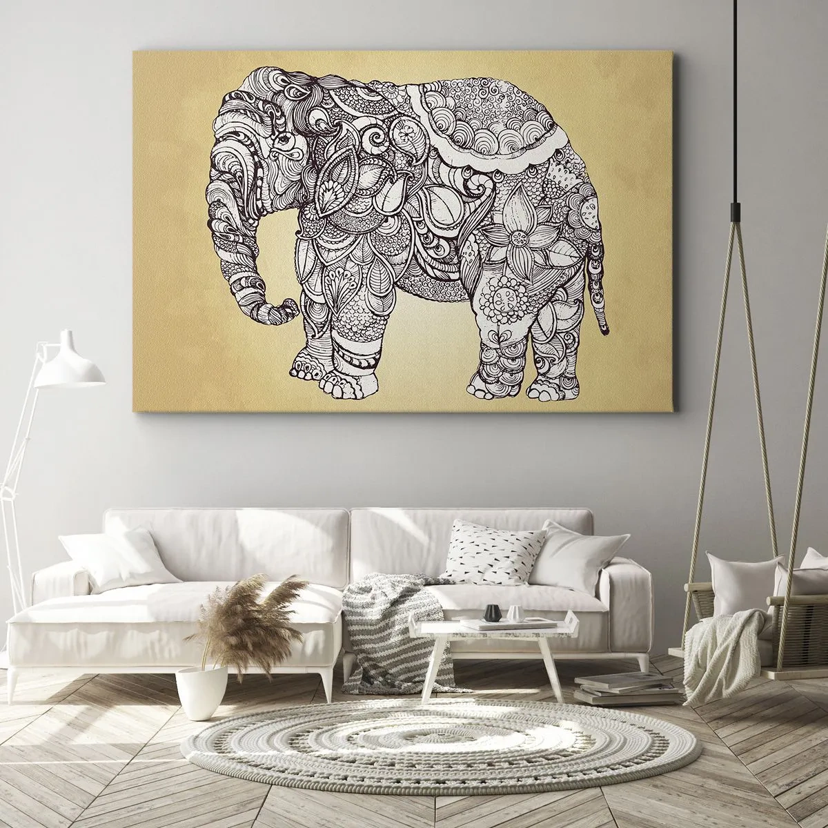 Bild auf Leinwand - Leinwandbild - Handgezeichneter Elefant mit kunstvollem Muster auf beigem Hintergrund - 70x50cm - Elefant verhüllte sich - Moderne Wanddekoration für Wohnzimmer und Schlafzimmer ARTTOR