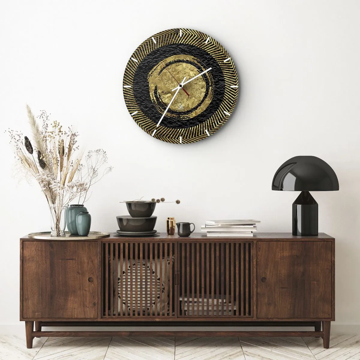 Wanduhr - Glasuhr - Goldene geometrische Muster auf schwarzem Hintergrund im glamourösen Stil - 30x30cm - Glamour-Komposition - Moderne Wanddekoration für Wohnzimmer, Küche und Schlafzimmer ARTTOR