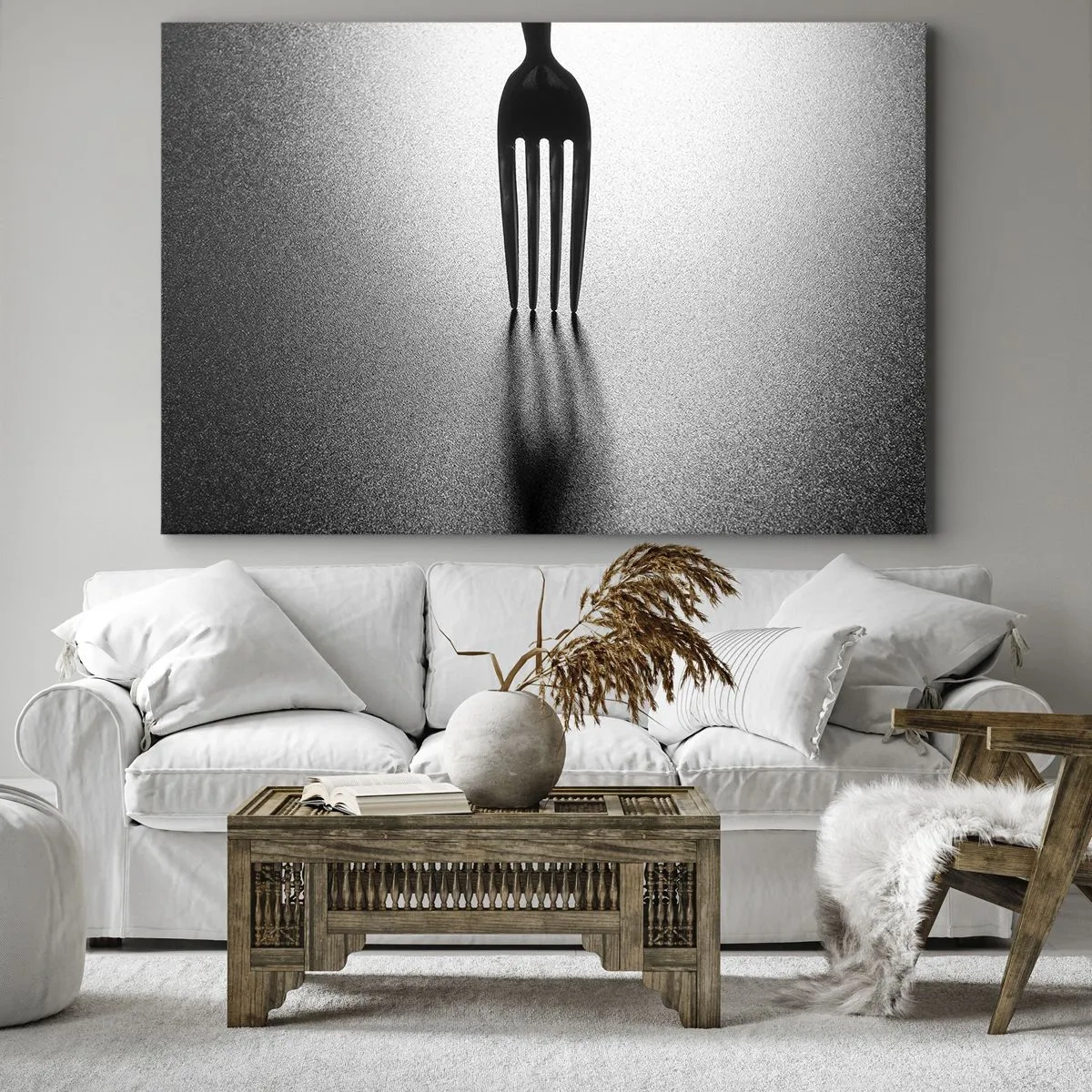 Bild auf Leinwand - Leinwandbild - Eine minimalistische Interpretation einer Gabel in Schwarzweiß mit Schattenspiel. - 70x50cm - Licht und Schatten - Moderne Wanddekoration für Wohnzimmer und Schlafzimmer ARTTOR