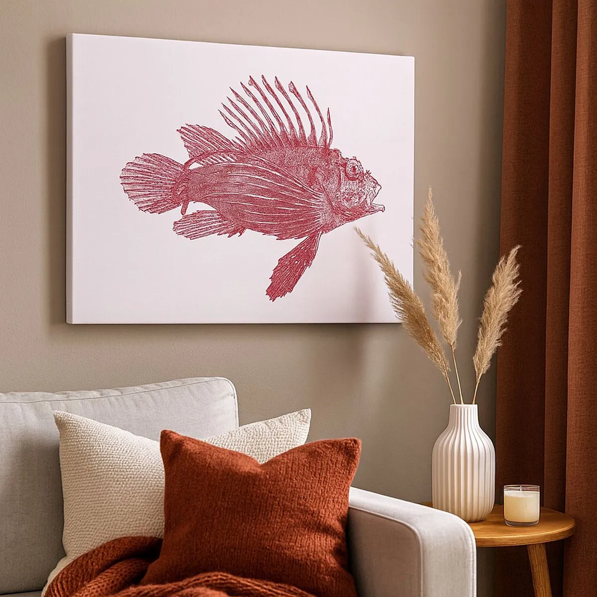Bild auf Leinwand - Leinwandbild - Zeichnung eines Fisches in einem roten Farbton - 70x50cm - Bewohner exotischer Gewässer - Moderne Wanddekoration für Wohnzimmer und Schlafzimmer ARTTOR