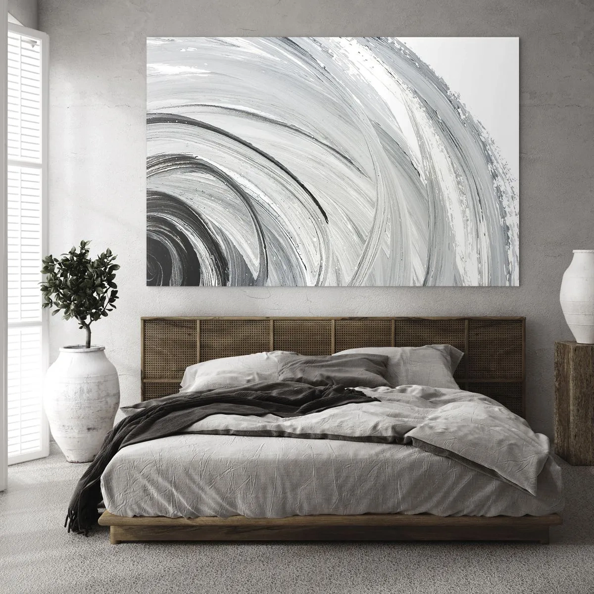 Glasbild - Bild auf glas - Eine schwarz-weiße Spirale mit dynamischen Pinselstrichen. - 70x50cm - Orbitale Komposition - Moderne Wanddekoration für Wohnzimmer und Schlafzimmer ARTTOR