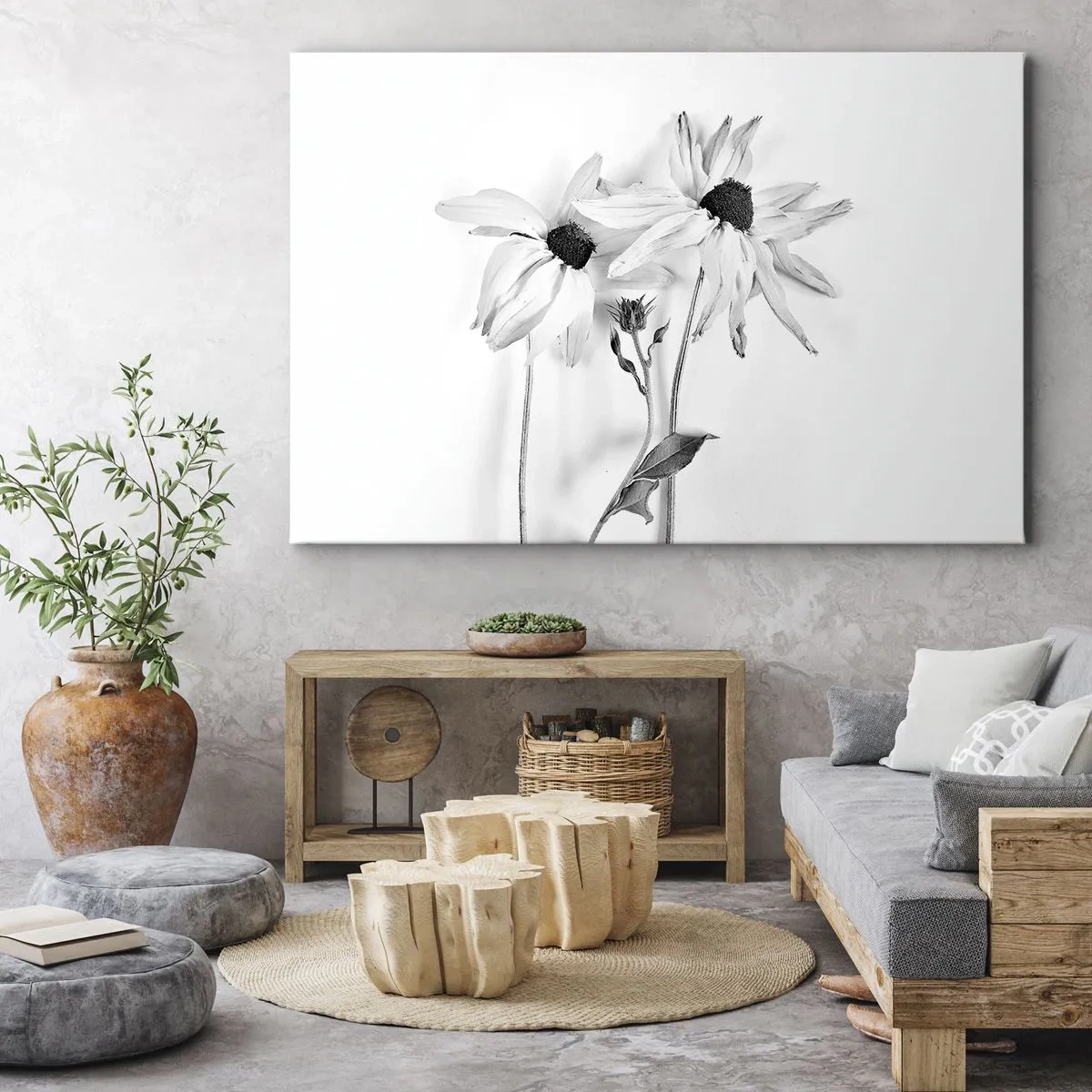 Bild auf Leinwand - Leinwandbild - Schwarz-weiße Blumen mit subtiler Komposition - 70x50cm - Niemand will allein sein - Moderne Wanddekoration für Wohnzimmer und Schlafzimmer ARTTOR