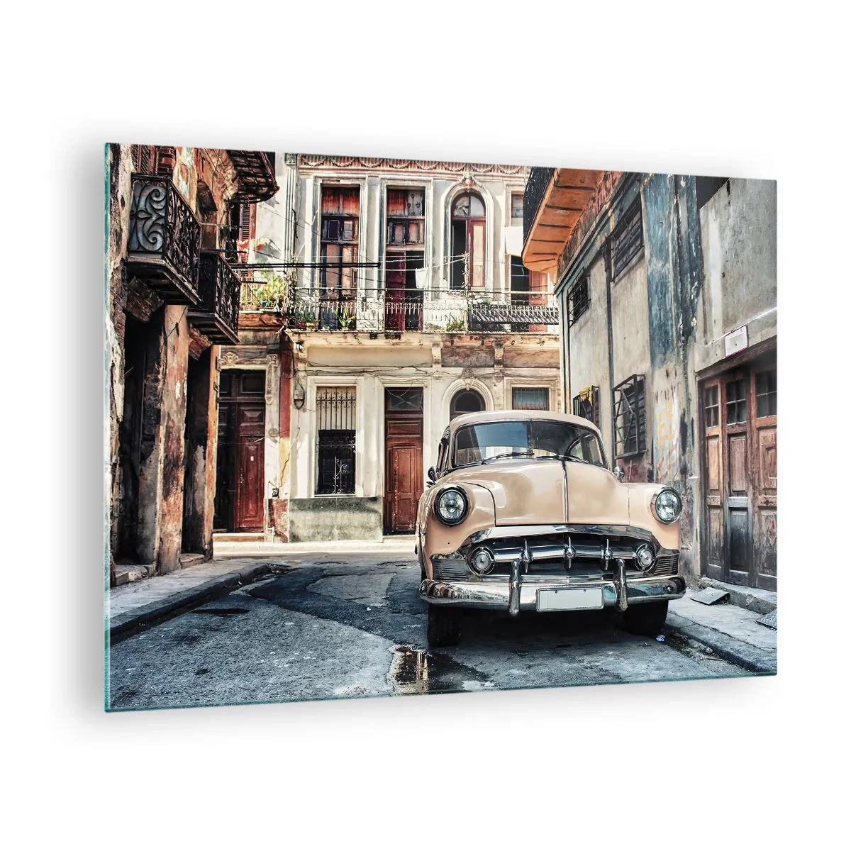 Glasbild - Bild auf glas - Retro-Auto auf der Straße der Altstadt - 70x50cm - Die Siesta in Havanna - Moderne Wanddekoration für Wohnzimmer und Schlafzimmer ARTTOR