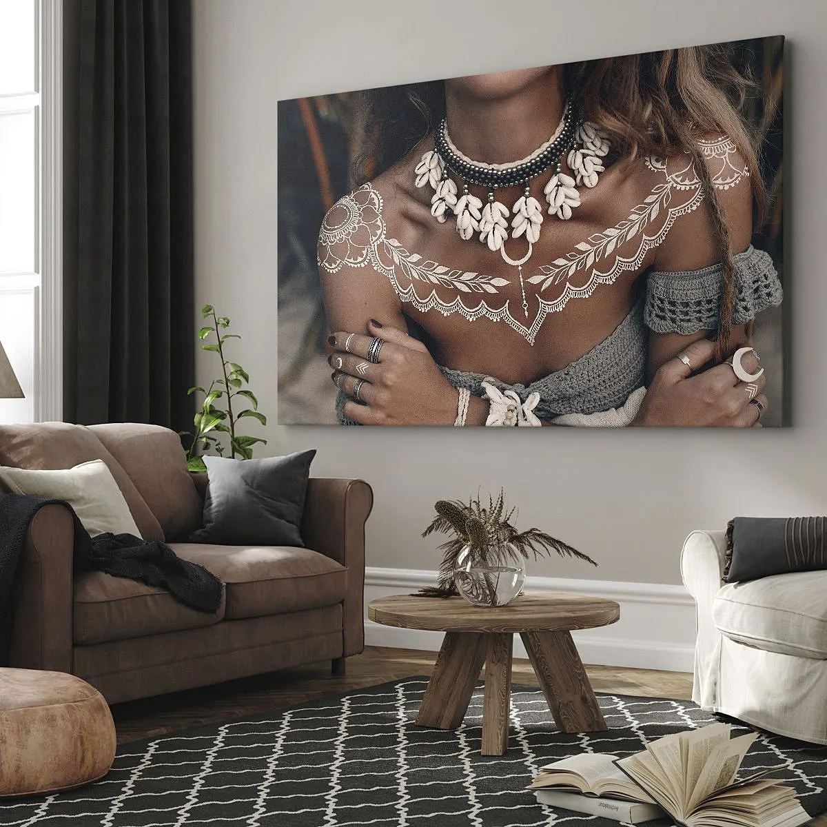 Bild auf Leinwand - Leinwandbild - Boho-Style mit Muschelschmuck und Lochmuster - 70x50cm - Talismane, Rituale der Weiblichkeit - Moderne Wanddekoration für Wohnzimmer und Schlafzimmer ARTTOR