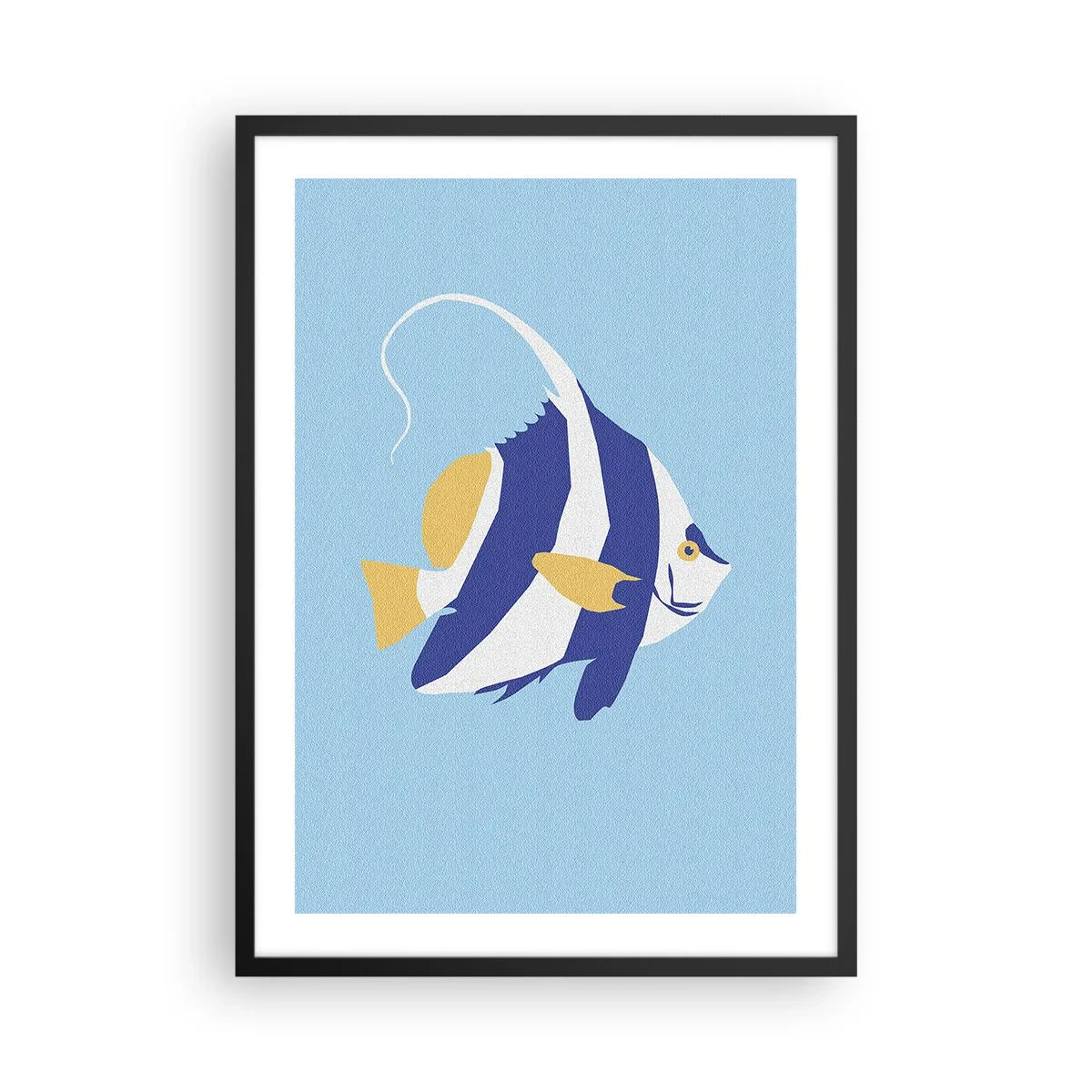 Poster in einem schwarzem Rahmen - Eine minimalistische Grafik eines exotischen Fisches auf blauem Hintergrund. - 50x70cm - Vermisse tropische Gewässer - Moderne Wanddekoration für Wohnzimmer und Schlafzimmer ARTTOR