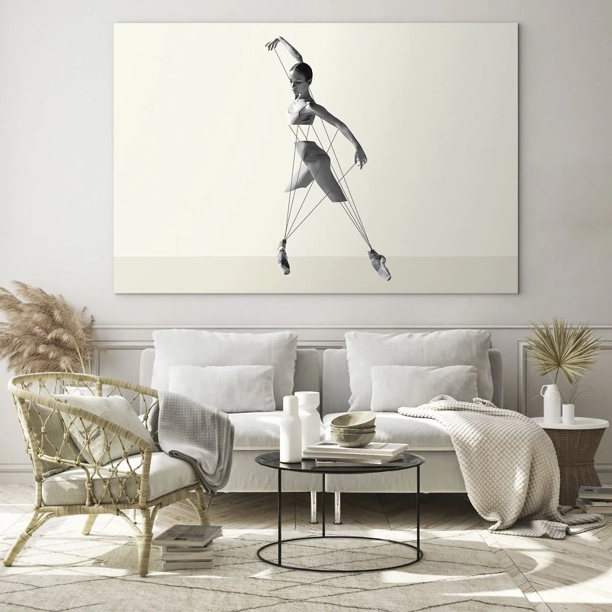Glasbild - Bild auf glas - Schwarz-weiße Silhouette einer Ballerina mit geometrischem Linienmotiv - 70x50cm - Im Theater der Welt - Moderne Wanddekoration für Wohnzimmer und Schlafzimmer ARTTOR
