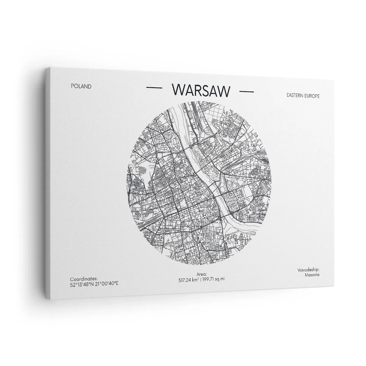 Bild auf Leinwand - Leinwandbild - Eine Karte von Warschau im minimalistischen Stil - 70x50cm - Anatomie von Warschau - Moderne Wanddekoration für Wohnzimmer und Schlafzimmer ARTTOR