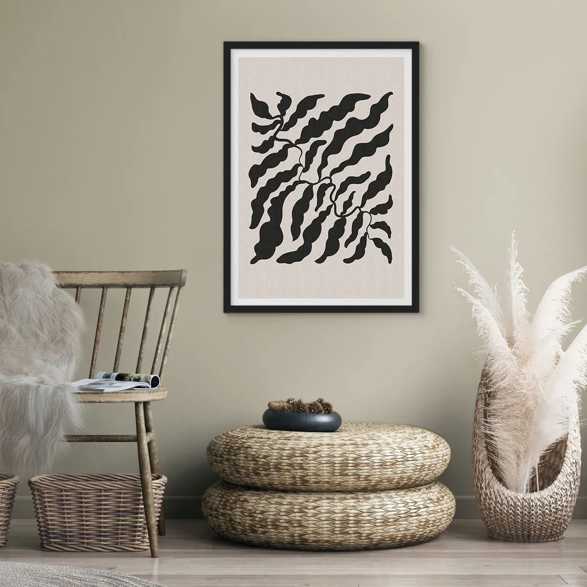 Poster in einem schwarzem Rahmen - Abstrakte Pflanzenkomposition in Schwarz auf beigem Hintergrund - 50x70cm - Natur des Quadrats - Moderne Wanddekoration für Wohnzimmer und Schlafzimmer ARTTOR