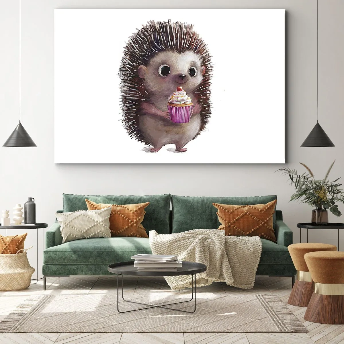 Bild auf Leinwand - Leinwandbild - Ein süßer Igel mit einem Cupcake - 70x50cm - Der Feiertag ist jeden Tag - Moderne Wanddekoration für Wohnzimmer und Schlafzimmer ARTTOR