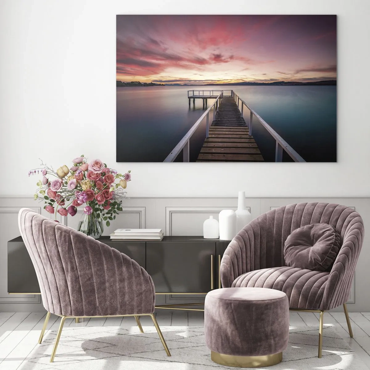 Glasbild - Bild auf glas - Lakeside Pier bei Sonnenuntergang mit einem rosa Himmel - 70x50cm - Die sanfte Flamme des Abends - Moderne Wanddekoration für Wohnzimmer und Schlafzimmer ARTTOR