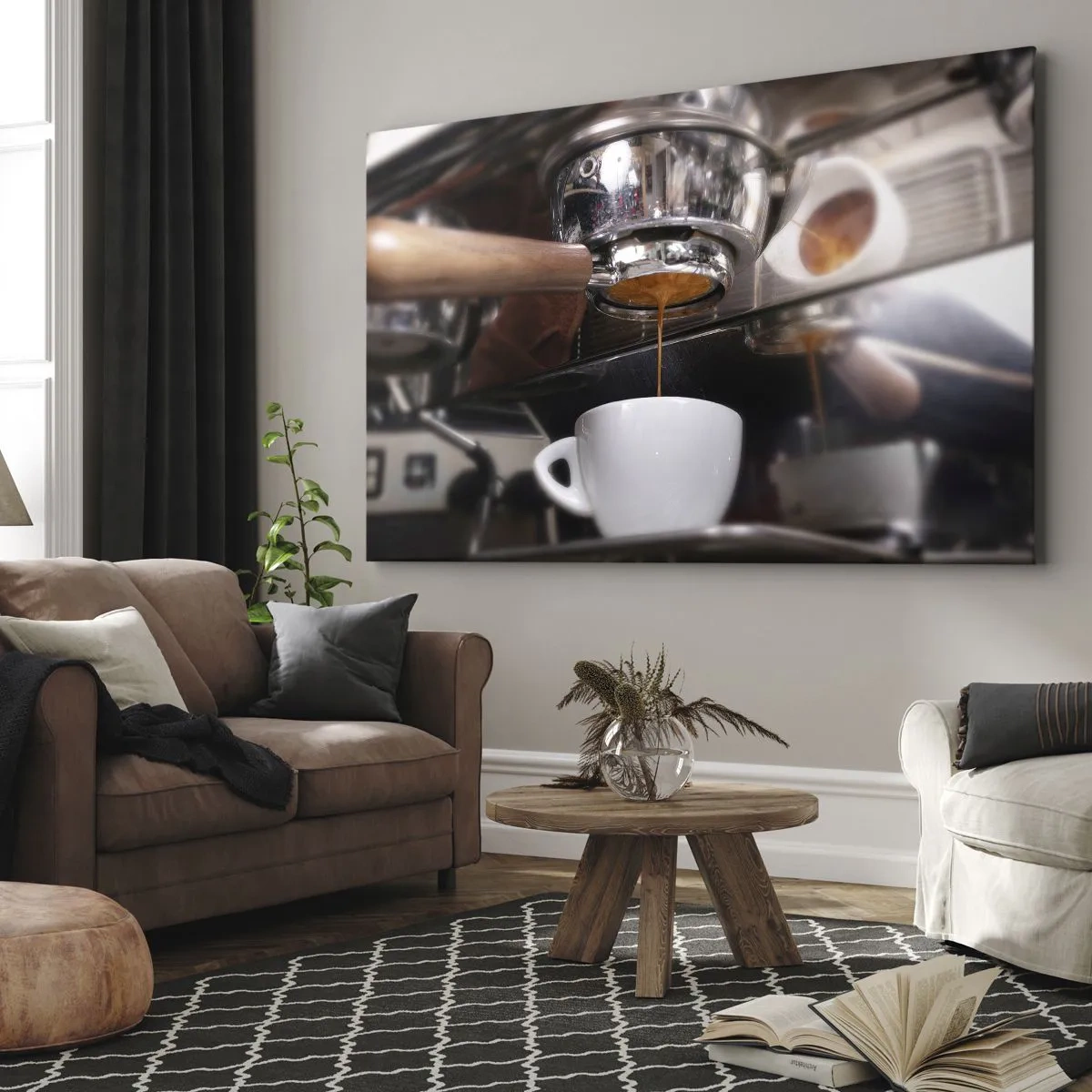 Bild auf Leinwand - Leinwandbild - Nahaufnahme einer Kaffeemaschine, die einen frischen Espresso zubereitet - 70x50cm - Gute Zeit des Tages - Moderne Wanddekoration für Wohnzimmer und Schlafzimmer ARTTOR