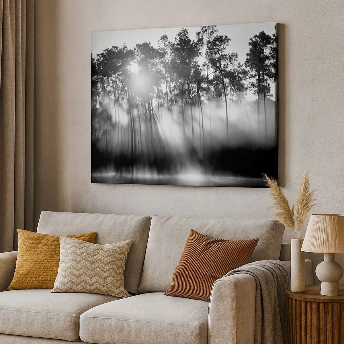 Bild auf Leinwand - Leinwandbild - Schwarz-weißer Wald im Morgennebel - 70x50cm - Unaufhaltsame Sonne - Moderne Wanddekoration für Wohnzimmer und Schlafzimmer ARTTOR