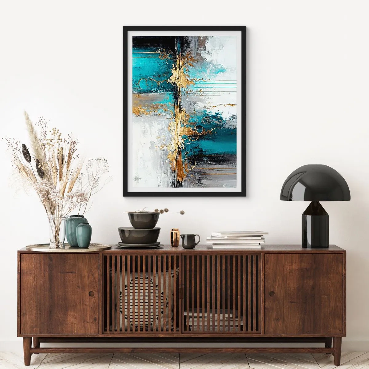 Poster in einem schwarzem Rahmen - Eine abstrakte Komposition in Türkis- und Goldtönen. - 50x70cm - Alles fließt - Moderne Wanddekoration für Wohnzimmer und Schlafzimmer ARTTOR