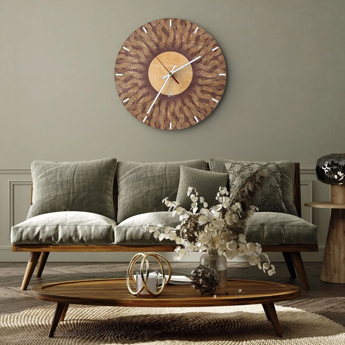 Wanduhr - Glasuhr - Sonnenuhr mit strahlendem Muster in warmen Farben - 30x30cm - Sonnensymbol - Moderne Wanddekoration für Wohnzimmer, Küche und Schlafzimmer ARTTOR