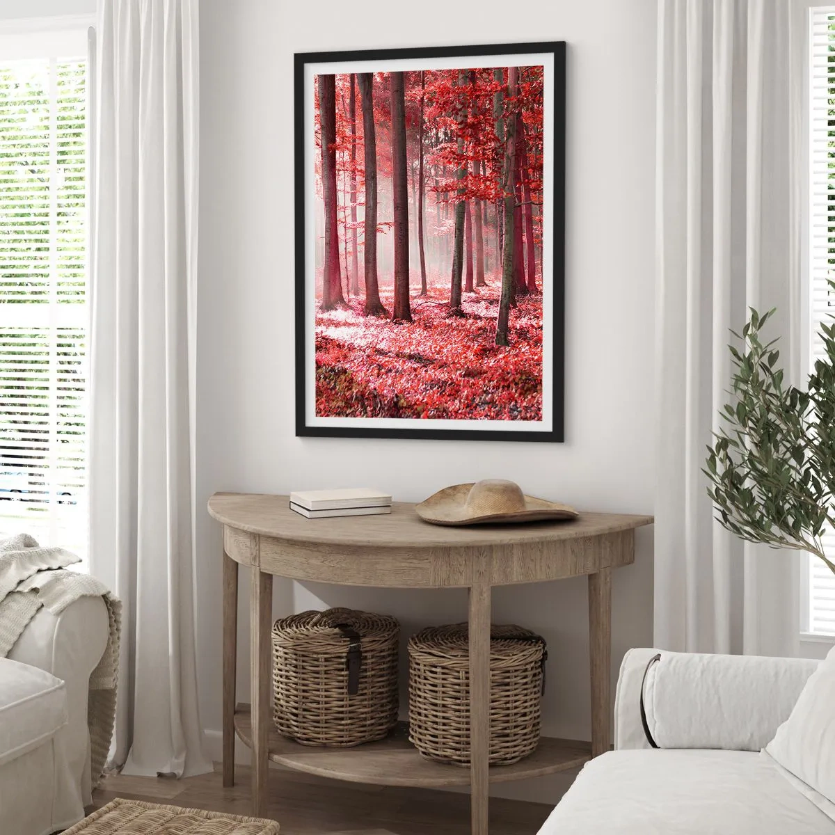 Poster in einem schwarzem Rahmen - Ein Wald mit roten Blättern und Nebel am Morgen - 50x70cm - Rot ist genauso schön - Moderne Wanddekoration für Wohnzimmer und Schlafzimmer ARTTOR