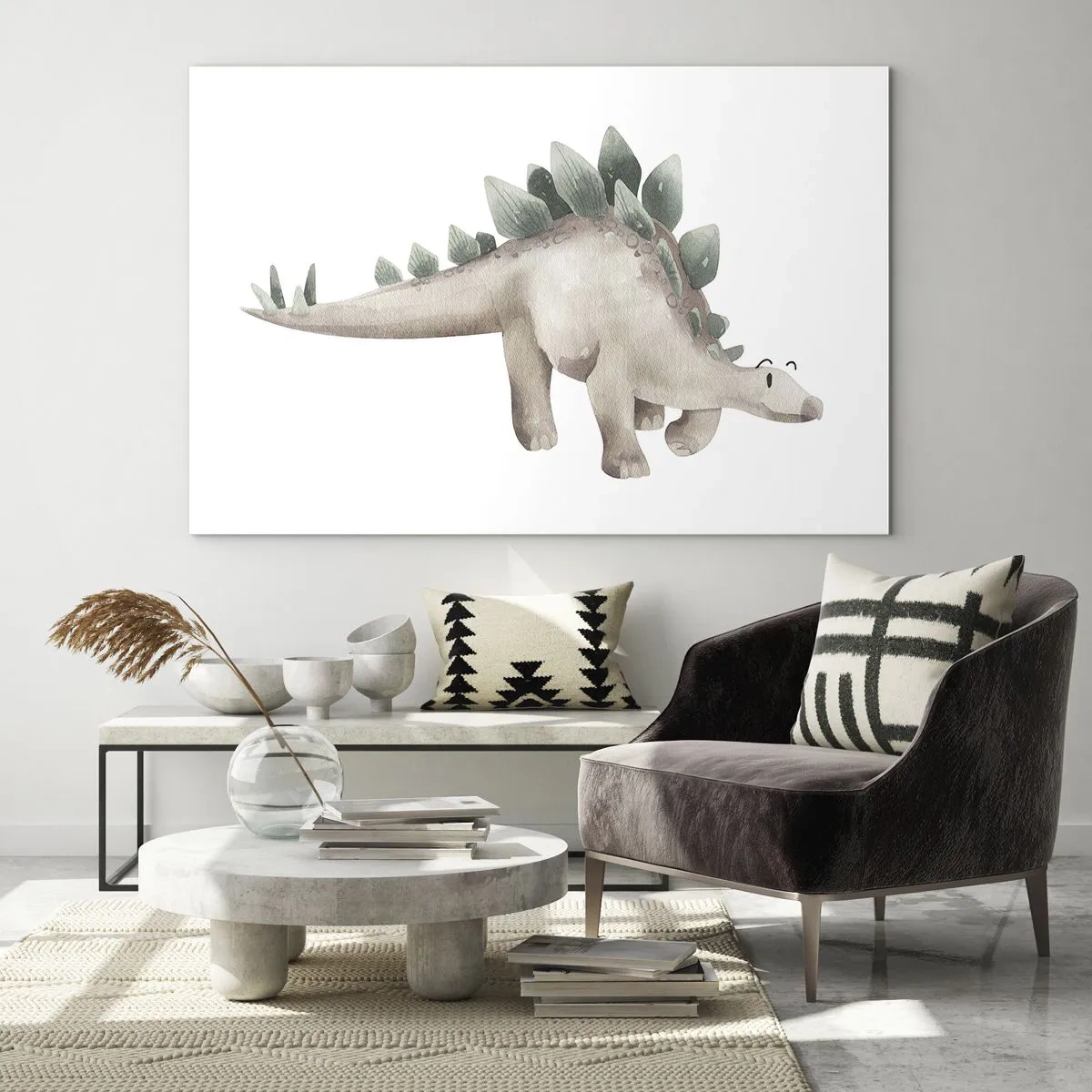 Glasbild - Bild auf glas - Ein süßer Dinosaurier in Pastellfarben auf weißem Hintergrund - 70x50cm - Euer Freund - Moderne Wanddekoration für Wohnzimmer und Schlafzimmer ARTTOR