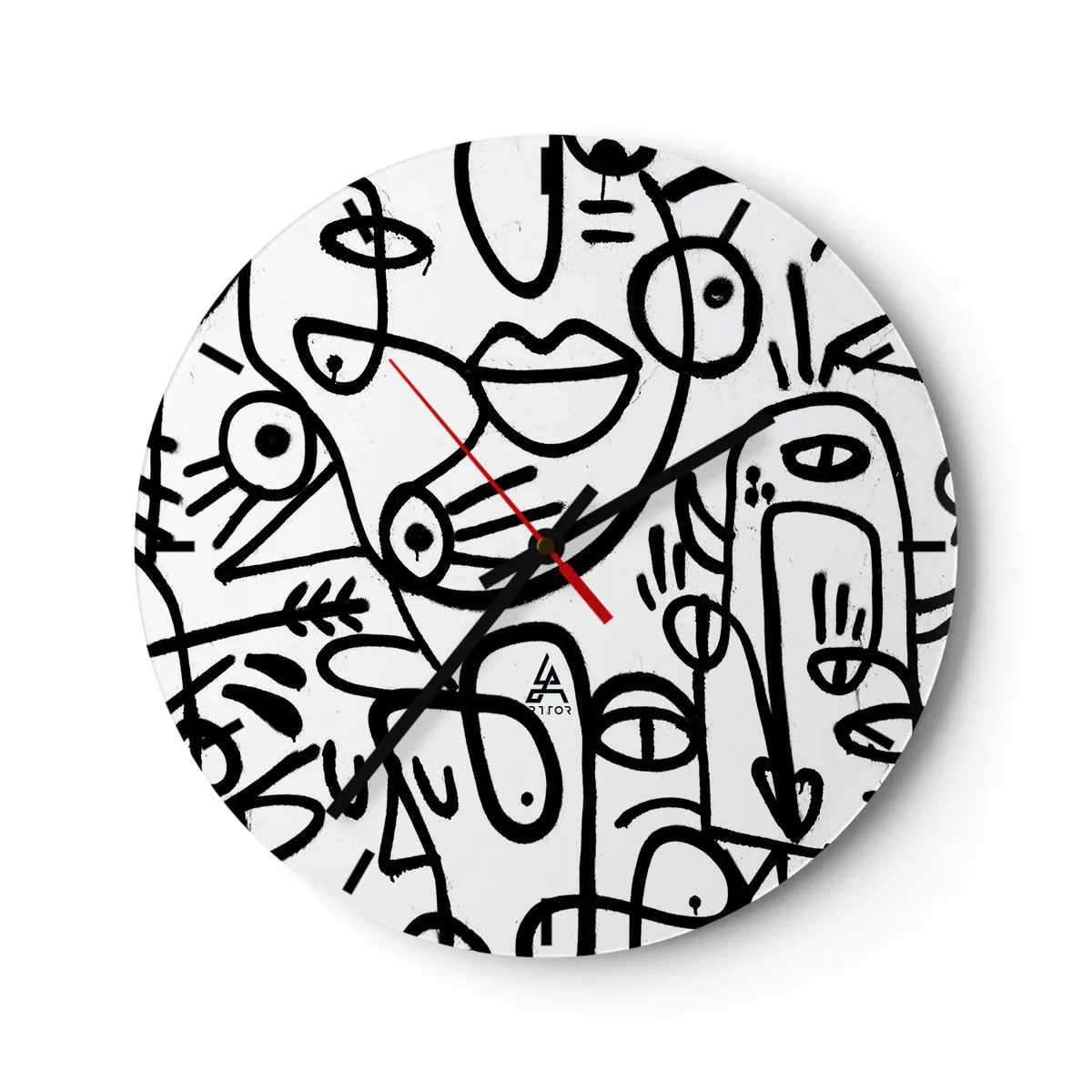 Wanduhr - Glasuhr - Abstrakte Strichzeichnungen Gesichter auf weißem Hintergrund - 30x30cm - Gesichter und Luftspiegelungen - Moderne Wanddekoration für Wohnzimmer, Küche und Schlafzimmer ARTTOR