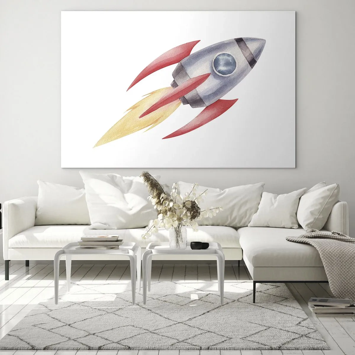 Glasbild - Bild auf glas - Eine bunte Rakete fliegt durch den Weltraum - 70x50cm - Höher, schneller, weiter - Moderne Wanddekoration für Wohnzimmer und Schlafzimmer ARTTOR