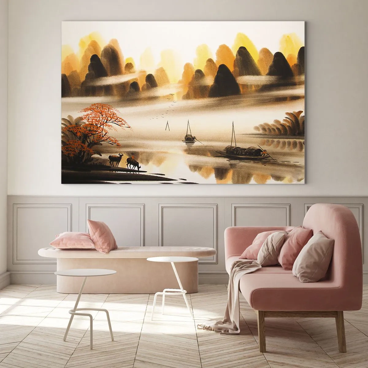 Glasbild - Bild auf glas - Orientalische Landschaft mit Booten und Bergen im Nebel - 70x50cm - Weiter als im Fernosten - Moderne Wanddekoration für Wohnzimmer und Schlafzimmer ARTTOR