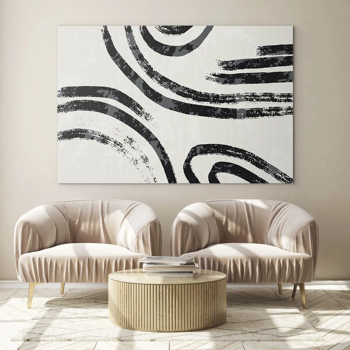 Glasbild - Bild auf glas - Schwarze halbkreisförmige Linien in minimalistischer Abstraktion auf hellem Hintergrund - 70x50cm - Bei Hälfte angehalten - Moderne Wanddekoration für Wohnzimmer und Schlafzimmer ARTTOR