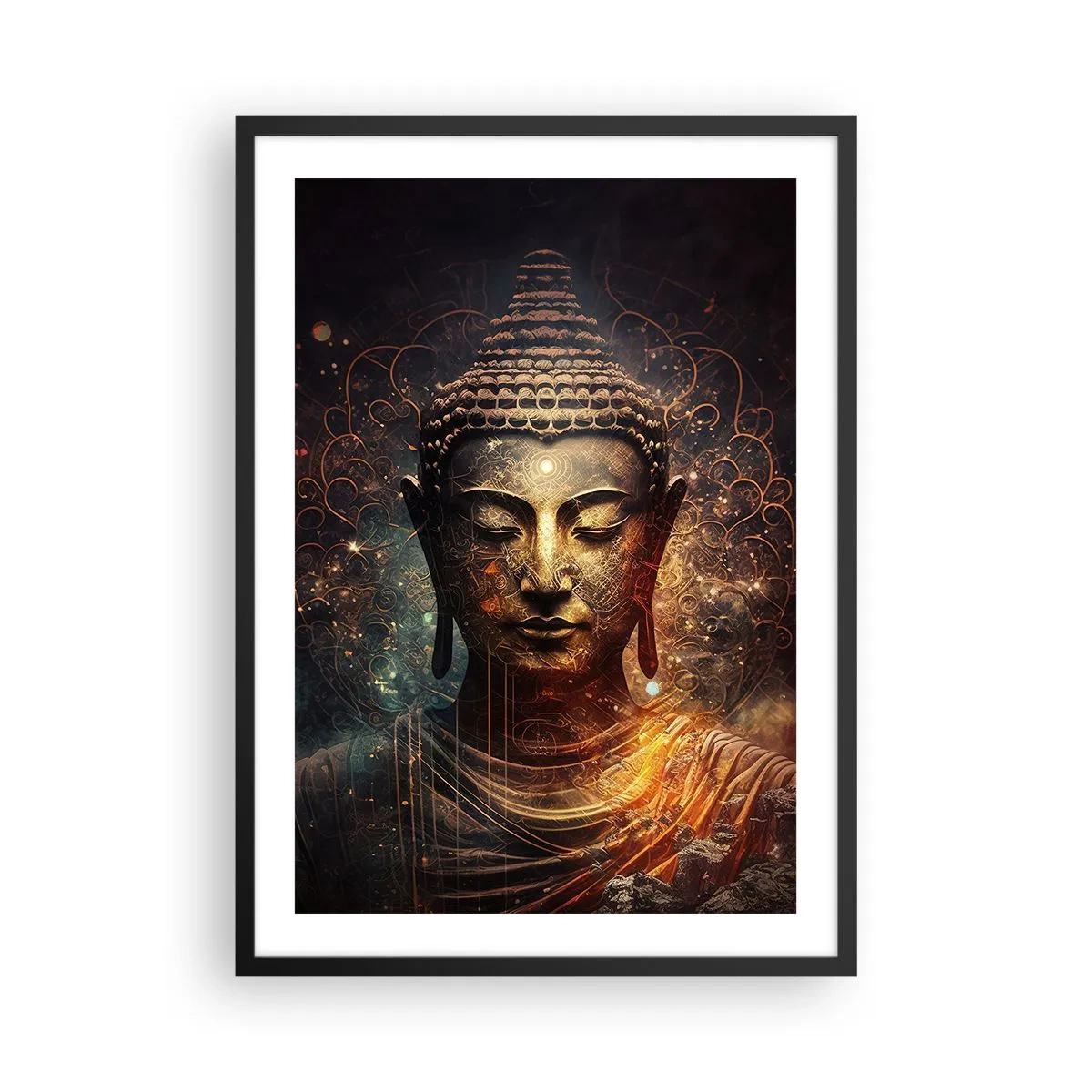 Poster in einem schwarzem Rahmen - Mystisches Buddhabild in goldenen Farbtönen - 50x70cm - Spirituelles Gleichgewicht - Moderne Wanddekoration für Wohnzimmer und Schlafzimmer ARTTOR
