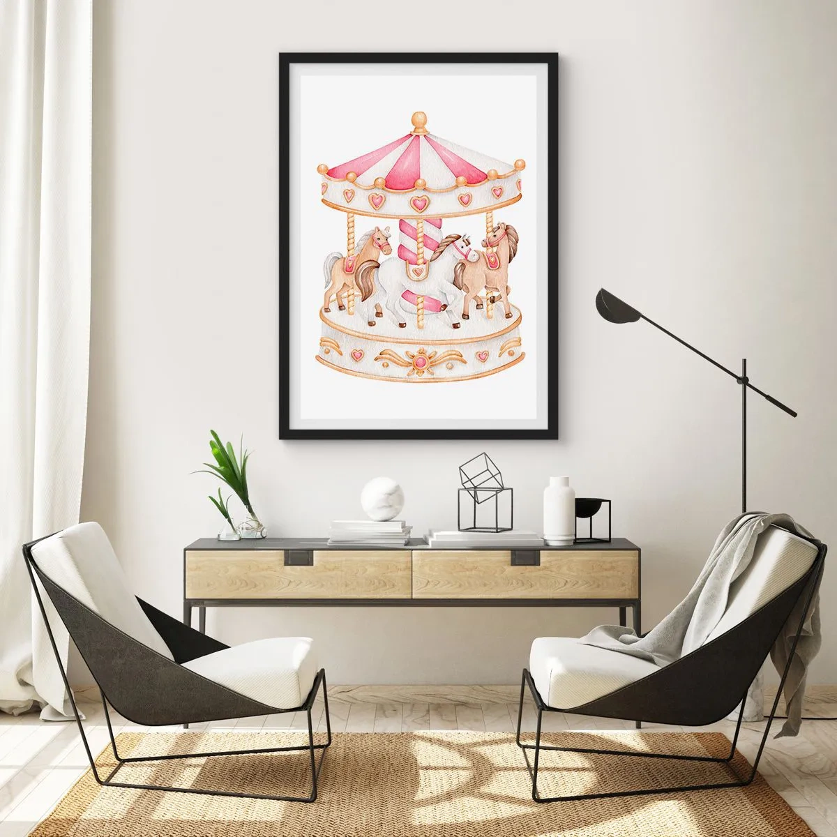Poster in einem schwarzem Rahmen - Aquarellkarussell in Pastelltönen von Rosa - 50x70cm - Süße Welt der Kindheit - Moderne Wanddekoration für Wohnzimmer und Schlafzimmer ARTTOR