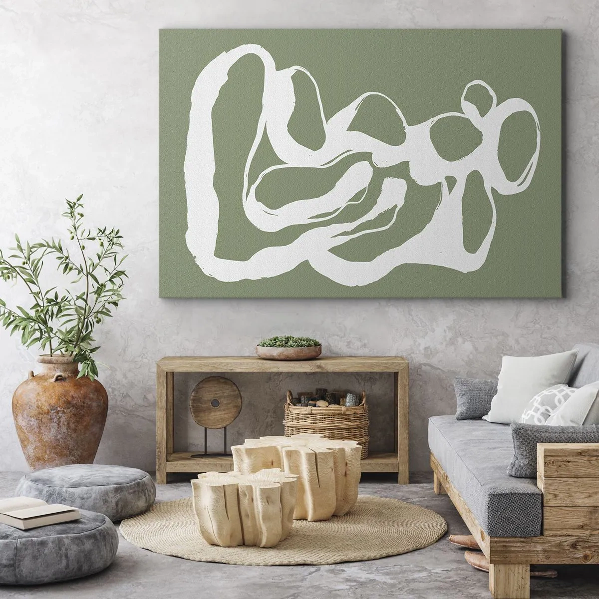 Bild auf Leinwand - Leinwandbild - Organische Formen in Weiß auf grünem Hintergrund - 70x50cm - Ruf des Weltraums - Moderne Wanddekoration für Wohnzimmer und Schlafzimmer ARTTOR