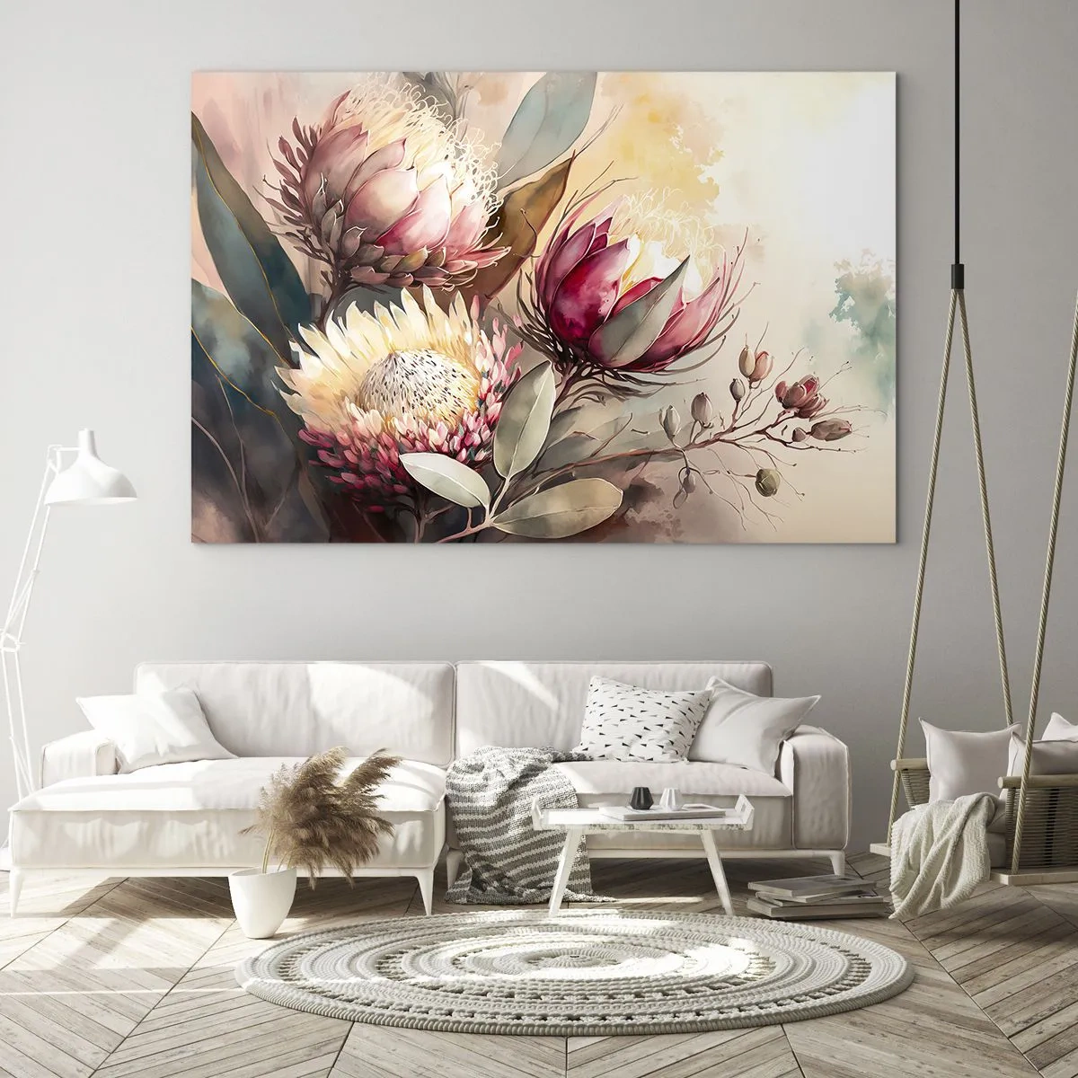 Glasbild - Bild auf glas - Protea-Blüten in Pastellfarben auf künstlerischem Hintergrund - 70x50cm - Im Profil und en face - Moderne Wanddekoration für Wohnzimmer und Schlafzimmer ARTTOR