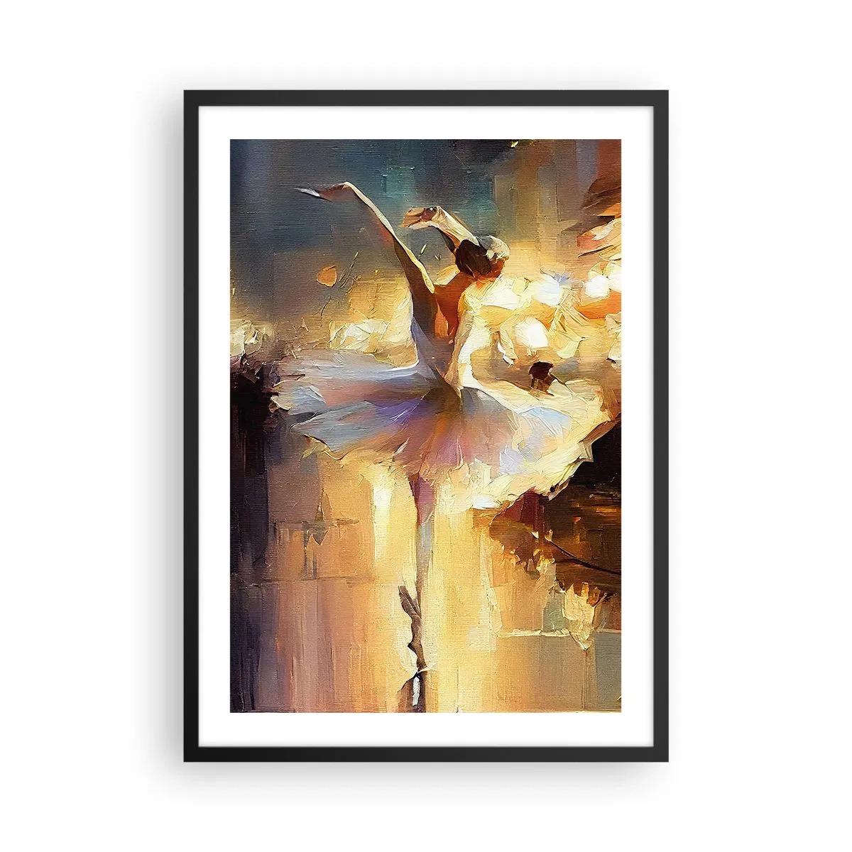 Poster in einem schwarzem Rahmen - Eine Ballerina im goldenen Licht der Bühne - 50x70cm - Wunder auf der Straße - Moderne Wanddekoration für Wohnzimmer und Schlafzimmer ARTTOR