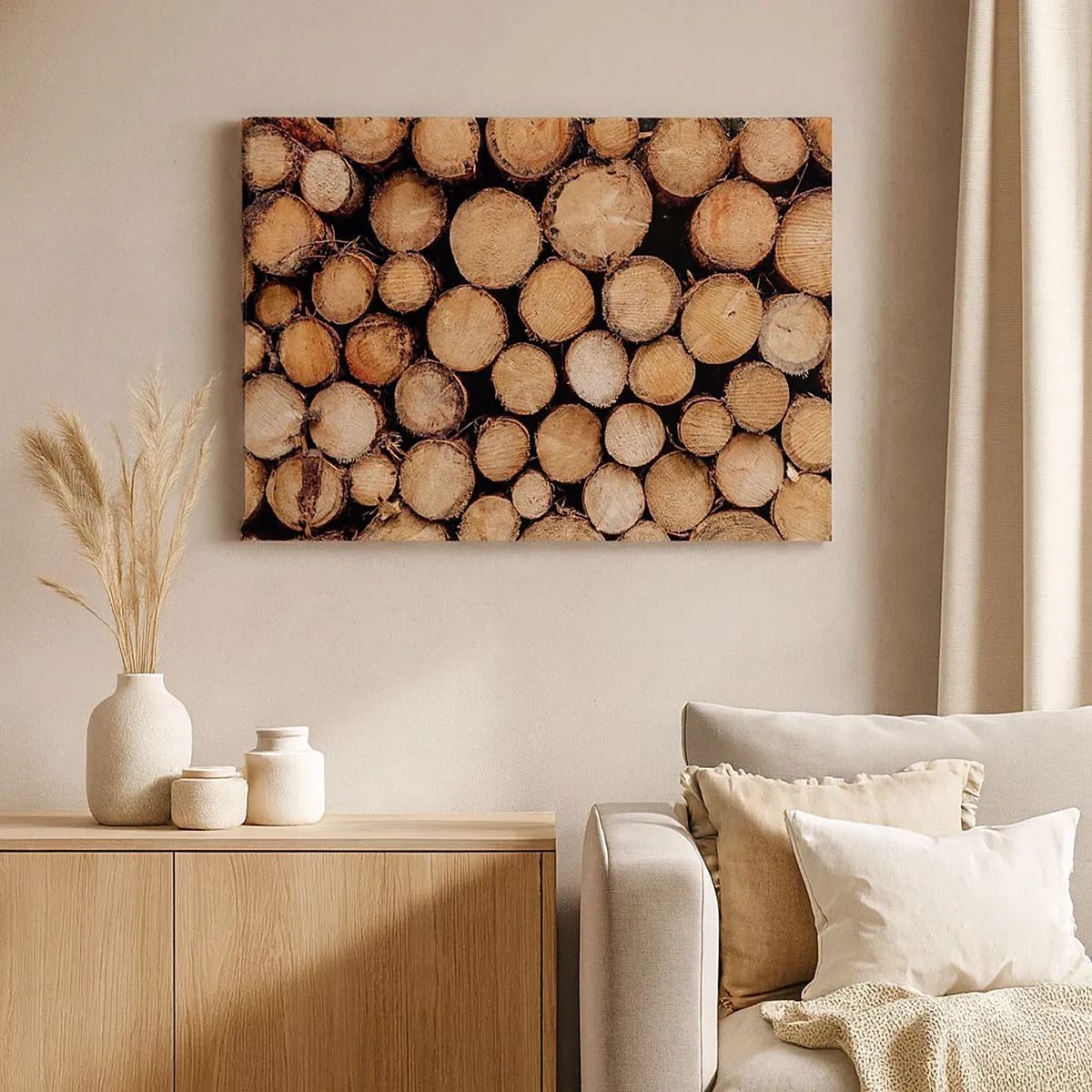 Bild auf Leinwand - Leinwandbild - Stapel gefällter Baumstämme in harmonischer Anordnung - 70x50cm - Ein neuer Anfang - Moderne Wanddekoration für Wohnzimmer und Schlafzimmer ARTTOR