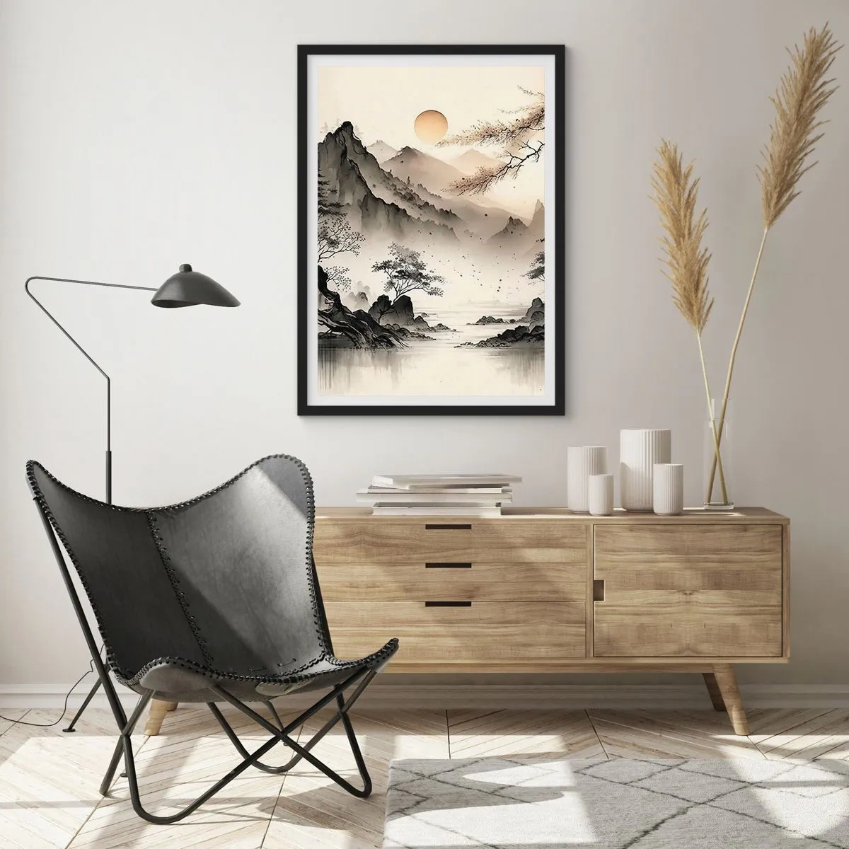 Poster in einem schwarzem Rahmen - Eine minimalistische Berglandschaft im japanischen Stil - 50x70cm - Einzigartiger Charme des Orients - Moderne Wanddekoration für Wohnzimmer und Schlafzimmer ARTTOR