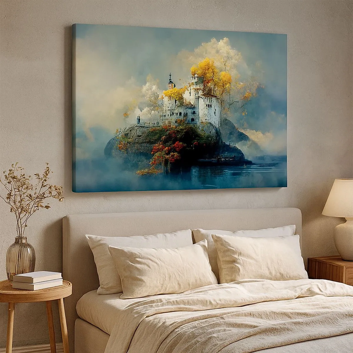 Bild auf Leinwand - Leinwandbild - Ein Schloss auf einem Hügel, umgeben von herbstlichen Bäumen - 70x50cm - Beginn einer romantischen Geschichte - Moderne Wanddekoration für Wohnzimmer und Schlafzimmer ARTTOR