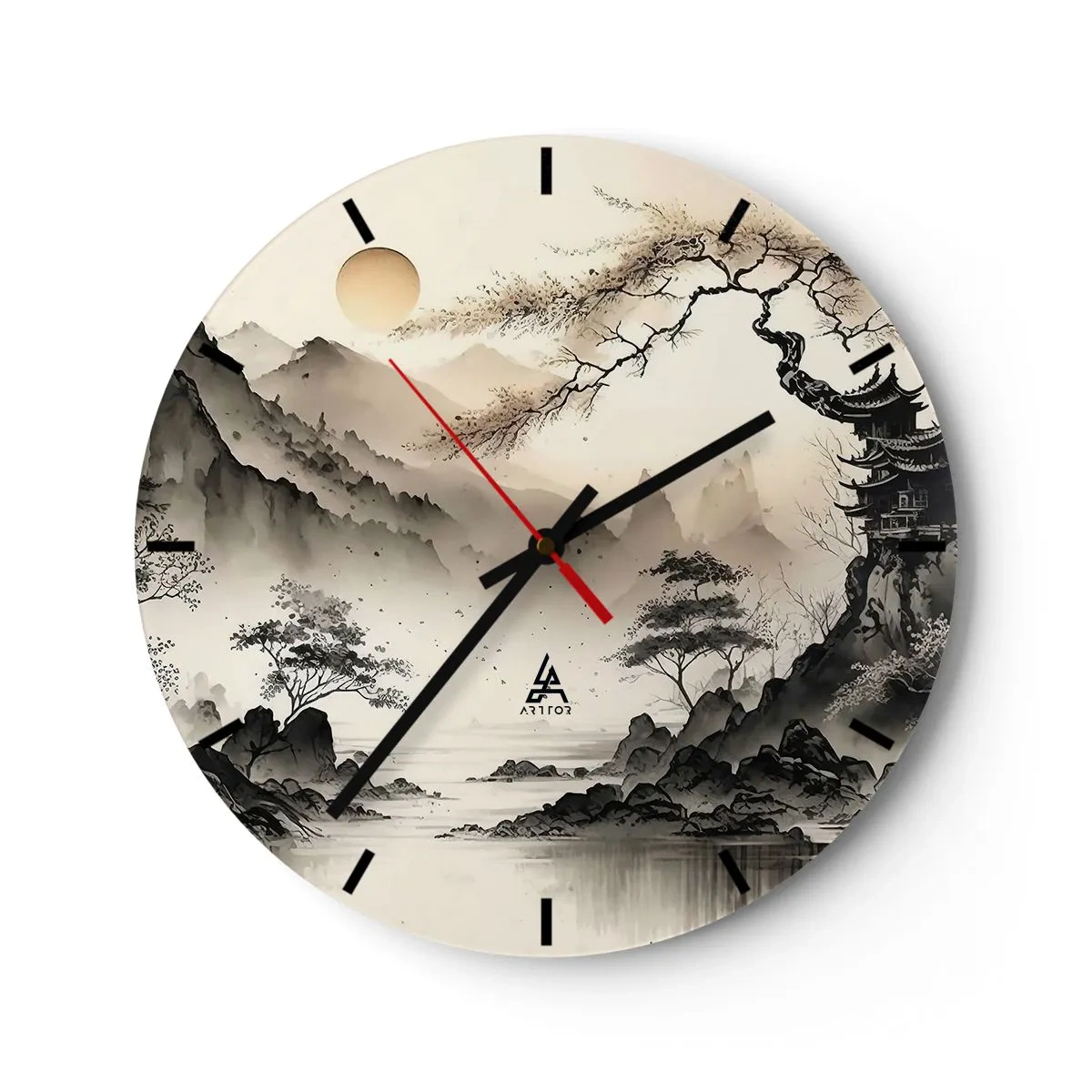 Wanduhr - Glasuhr - Chinesische Tuschemalerei einer Berglandschaft mit einer Pagode und einem nebligen Tal - 30x30cm - Einzigartiger Charme des Orients - Moderne Wanddekoration für Wohnzimmer, Küche und Schlafzimmer ARTTOR